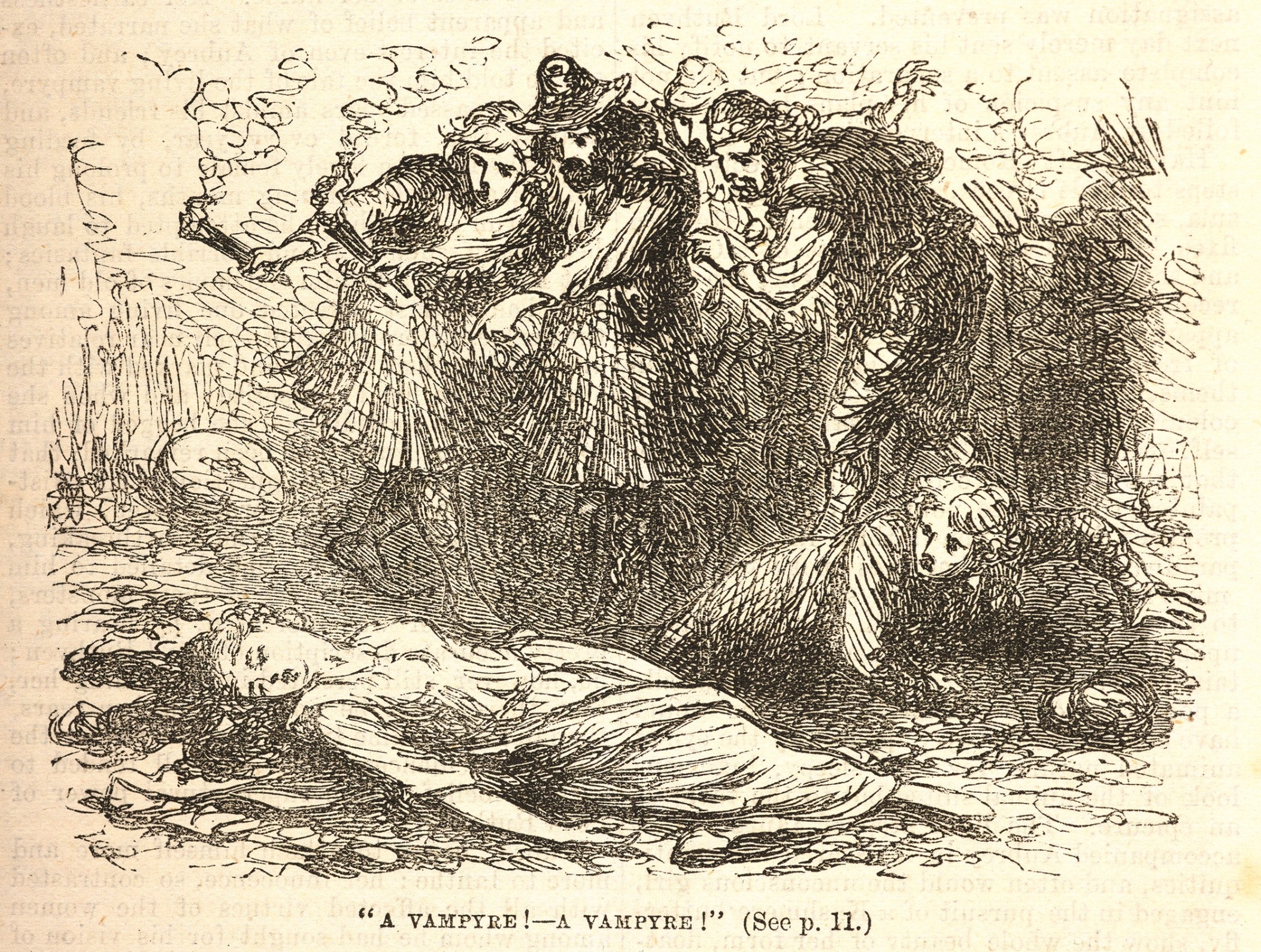 Illustration of a young woman lying on the ground (maybe dead), crowd of people staring at her. Footnote: "A Vampyre, A Vampyre"