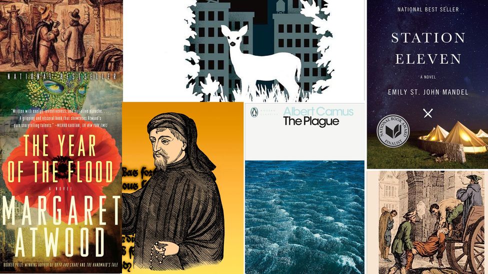 Collage showing book covers relating to pandemics. Some the works of books included are Margaret Atwood's The Year of the Flood, Albert Camus' The Plague, and Emily St. John Mandel's Station Eleven