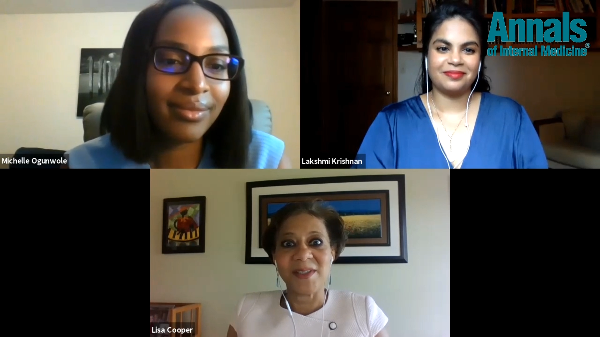 Dr. Lakshmi Krishnan, Dr. S. Michelle Ogunwole and Dr. Lisa A. Cooper in a video presentation of their Annals of Internal Medicine article "Historical Insights on Coronavirus Disease 2019 (COVID-19), the 1918 Influenza Pandemic, and Racial Disparities: Illuminating a Path Forward".