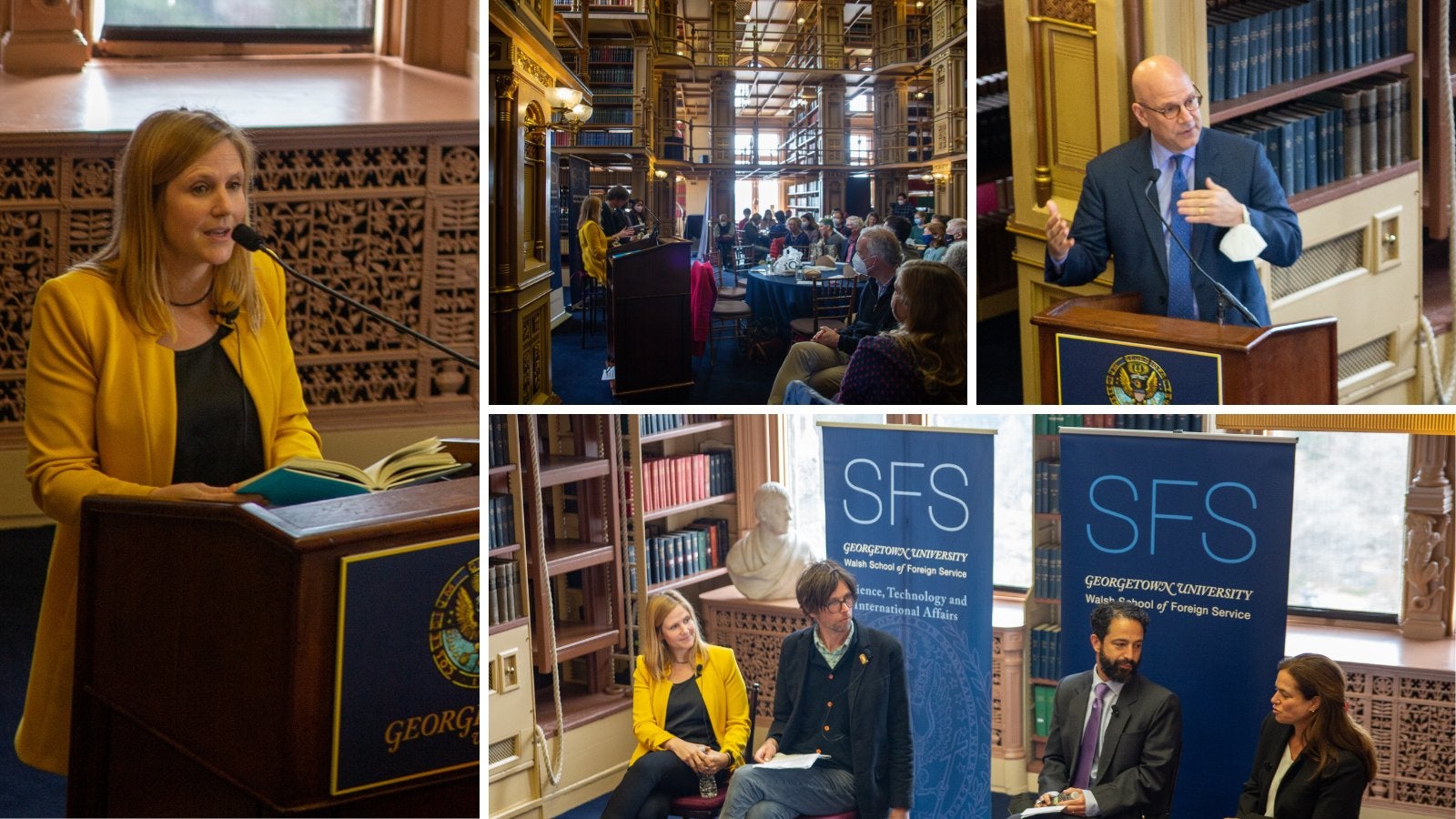 Collage of images of the launch of Emily Mendenhall's Unmasked, showing the author, students, and members of the STIA Program, the Global Health Initiative and the Mortara Center for International Studies, at the Riggs Library
