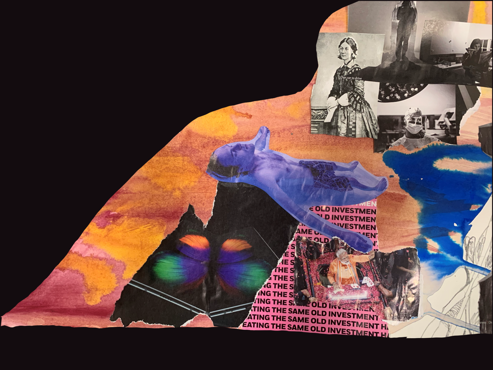 Black rectangular background, triangular figure within of pink, orange and yellow tones. Inside, there are scraps of blank and white and color photographs, most are of people: a Victorian lady, a young woman eating and reading in what seems to be a kitchen, a healthcare professional wearing a mask, a surgical scrub hat and gown, what seems to be a sculpture, a man floating in a pool (the color of that photograph is blue), a butterfly upside down, an Indian man playing cards surrounded by glitter. There is also a scrap of a black text repeating the sentence "eating the same old investment" in various successive lines, with a pink background