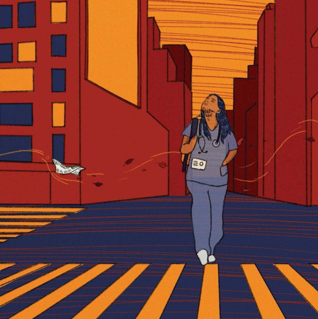 Medical health professional (woman of color) alone on a a street. Red buildings, yellow sky, blue street