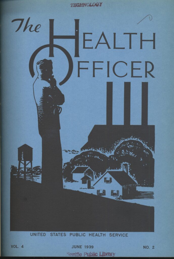 Poster with the text "The health officer", with an image that shows a man looking over a village