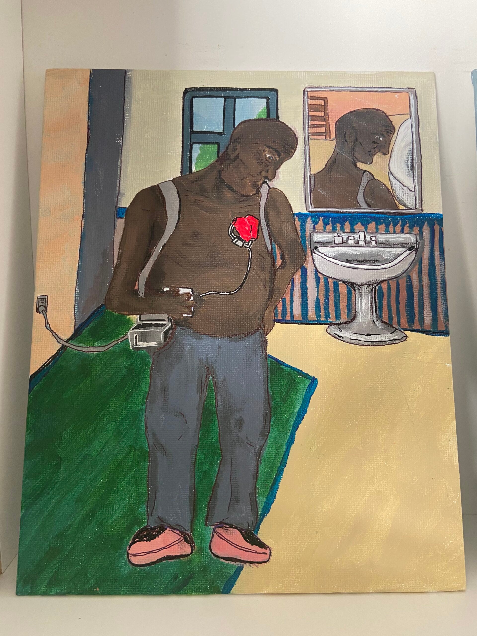 Painting of a man standing in what appears to be a bathroom. Behind him, there is a mirror, showing half his face, and a sink. The man is shirtless, and his heart is visible on top of his skin, as it is connected to a life saving device, connected, likewise, to the wall.