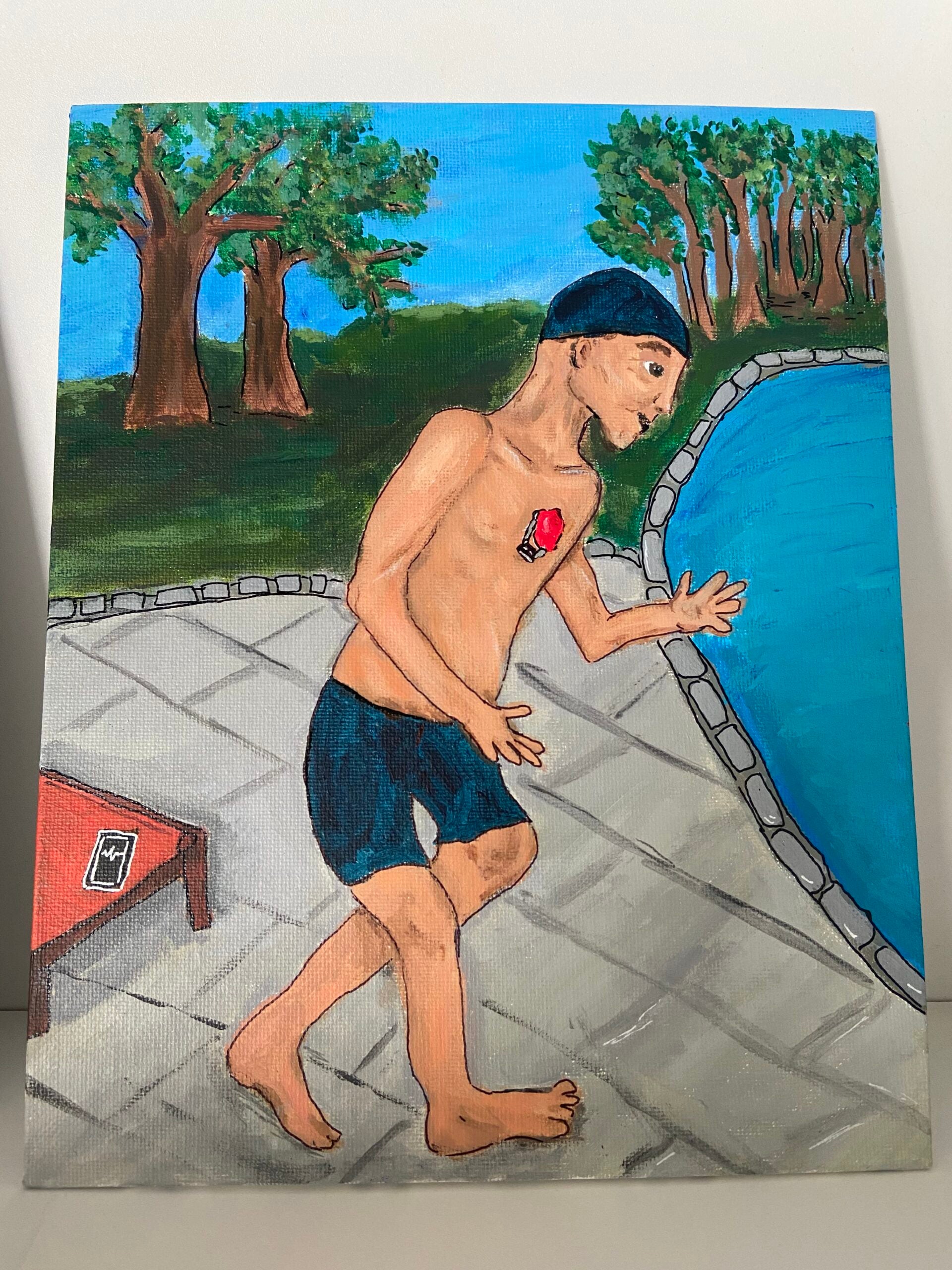 Painting of a man wearing a swimsuit and swim cap, standing next to a pool. Behind him, there are trees and a blue sky. His heart is visible on top of his skin, it is connected to a very small wire that surrounds it, maybe a pacemaker.