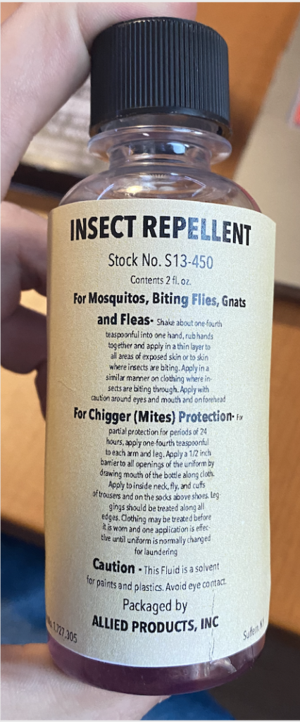 Recreation of an insect repellent. The label includes directions of use, a cautionary note, and the name of the manufacturer