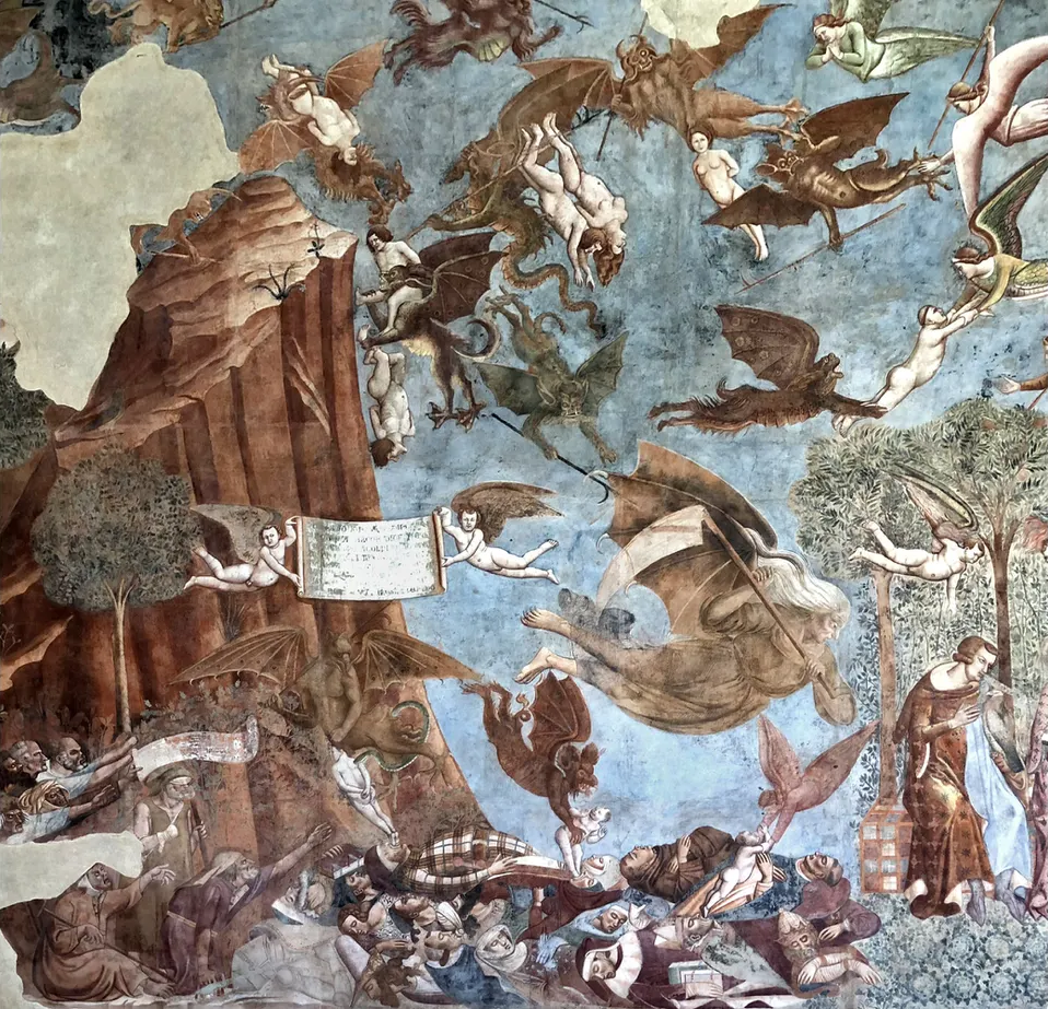 14th-century fresco showing the bodies of plague victims piled in a mass grave as demons and angels compete for their souls above
