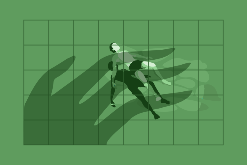Illustration of a person that seems to be floating on an empty space. Underneath their body, we can see their shadow, and, on top of them, a larger shadow covering them completely, shaped like a hand. The illustration is drawn with different shapes of green (including a green background), and the figures are set on a rectangular grid
