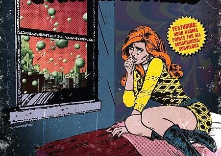 Cover of a comic book showing a woman laying in bed, looking at the window in anguish. The city is covered by green dots, like viruses. Title: Keep your distance & Prolong existence. Issue #2, April 2020, BBCS. British Board of Common Sense. Caption: A guide to a better, shorter lockdown, including: checking in with friends, relatives and neighbours. Plus bonus: 'Occupy your time, to occupy the mind', 'distancing protocol', 'tips on delaing with it all', & 'appreciating the heroes of the covid-19 age'.
