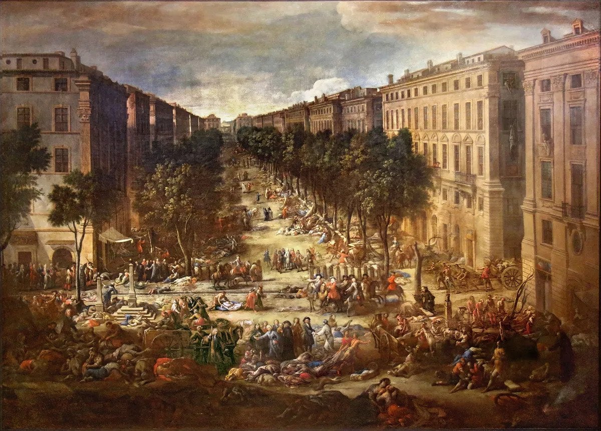 Painting by Spanish artist Michel Serre of the upheaval of a bubonic plague outbreak in Marseille, 1720
