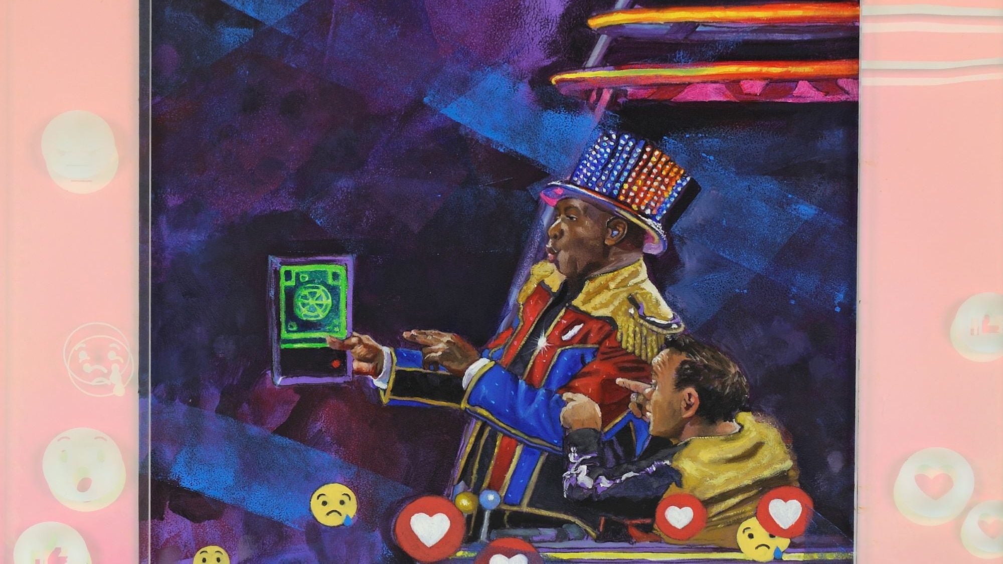 In the middle of the painting, there is a drawing of a circus ringmaster wearing flashy clothes (a colorful tailcoat jacket and a bright top hat). He is pointing to something that looks like a technological device that he is holding with his other hand. Next to him is another circus character, holding his left arm, also pointing to the device. The device is a black rectangle, with a green square in its center, that, itself, has a green circle divided in six equal portions in the middle. The circus image has a pink frame, with common Facebook reactions: heart icon, sad face, like icon, surprised face.
