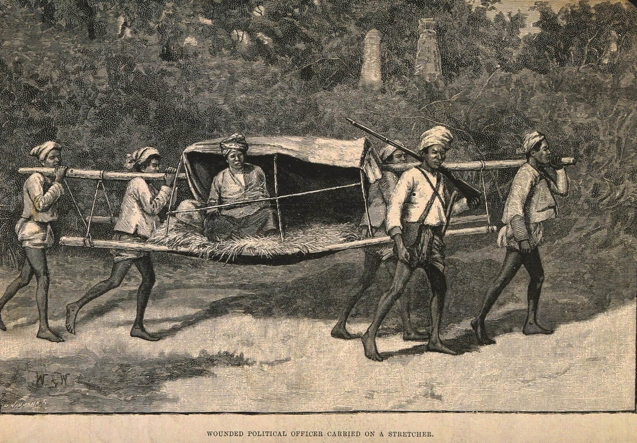 1889 illustration of a wounded political officer being carried on a stretcher