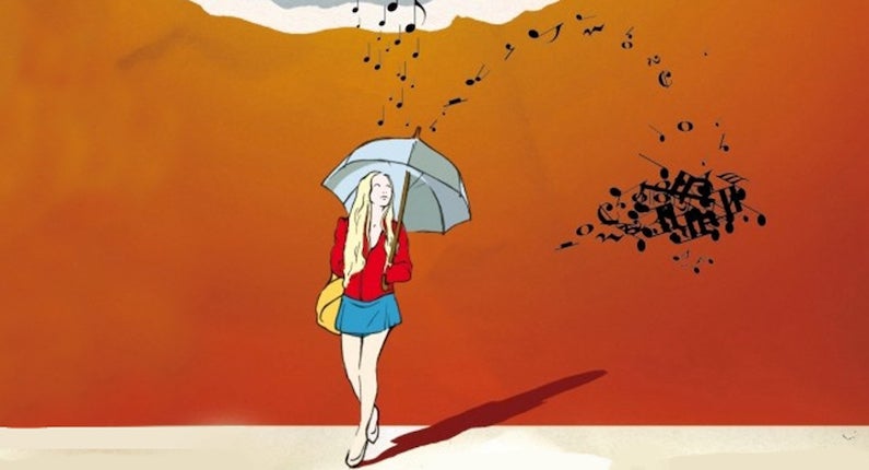 Illustration of woman with an umbrella that protects her from music notes falling down from a cloud like rain. The background is orange