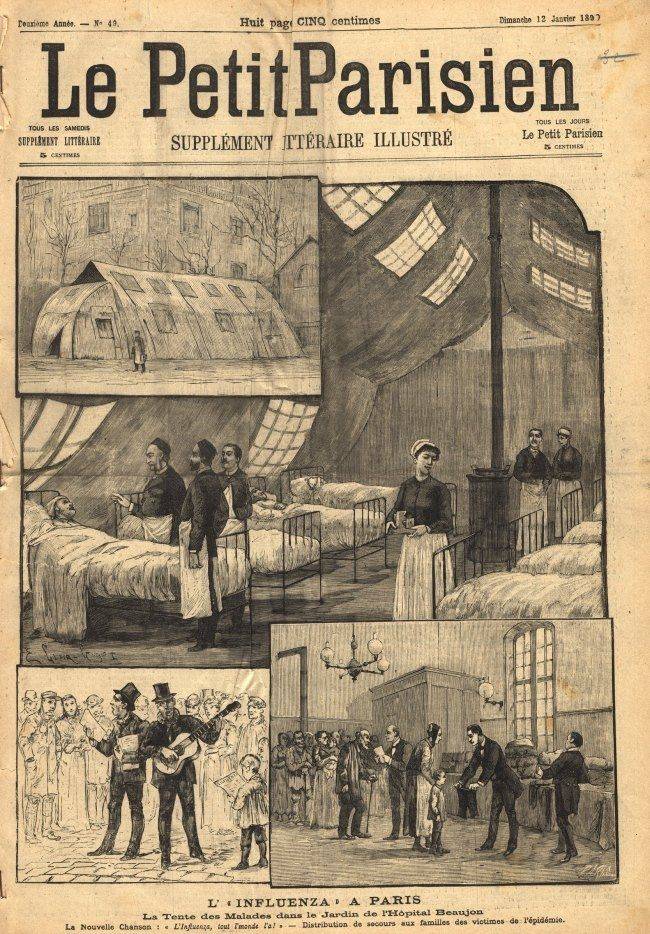 Cover of Le Petit Parisien dated 12 January 1890 showing the impact of the epidemic in Paris.