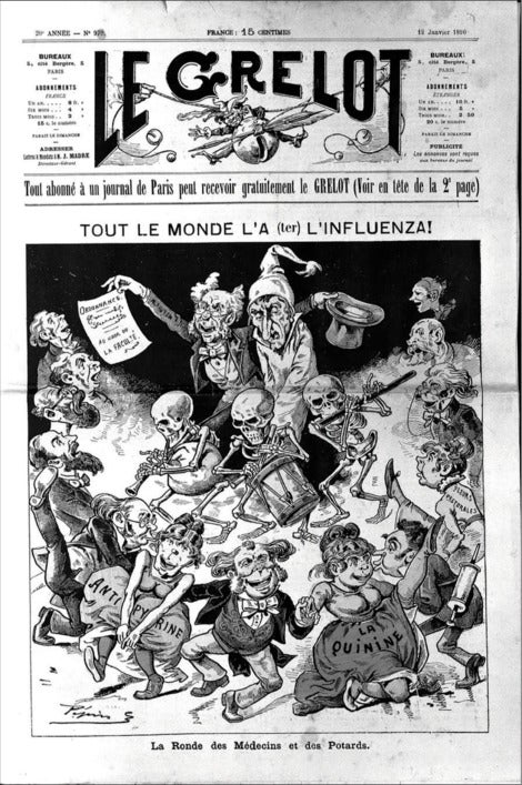 Le Grelot newspaper cover, showing a man with influenza, taken in hand by a doctor, surrounded by dancing politicians.