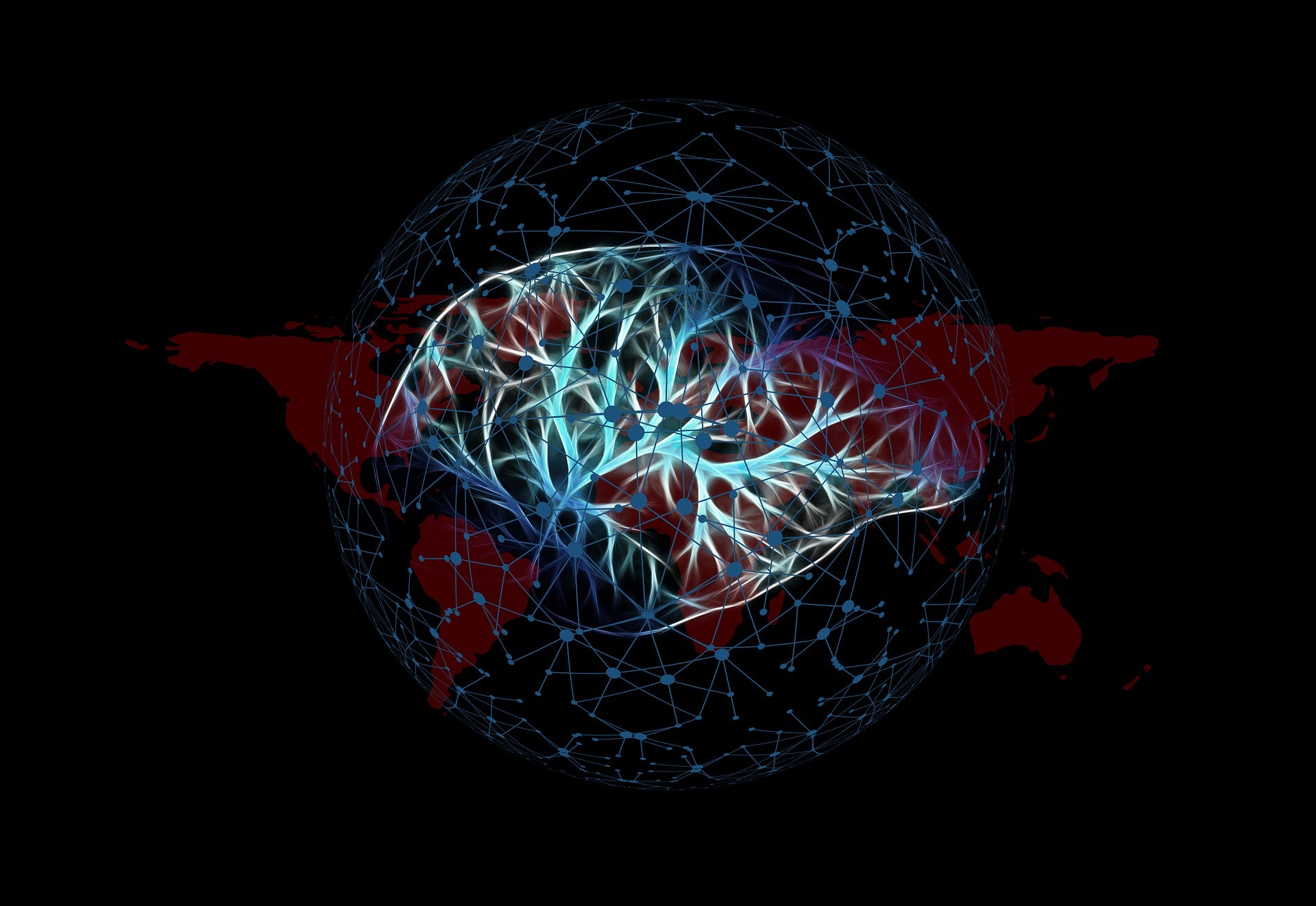 Brain structures with a black background showing information networks and the continents