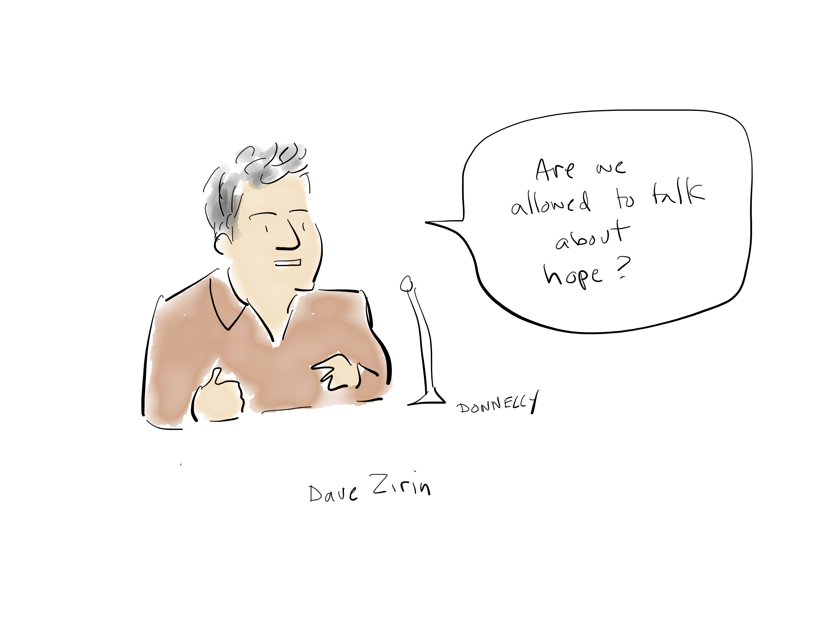 Drawing of the PEN America Emergency World Voices Congress of Writers, with Dave Zirin saying "Are we allowed to talk about hope?"