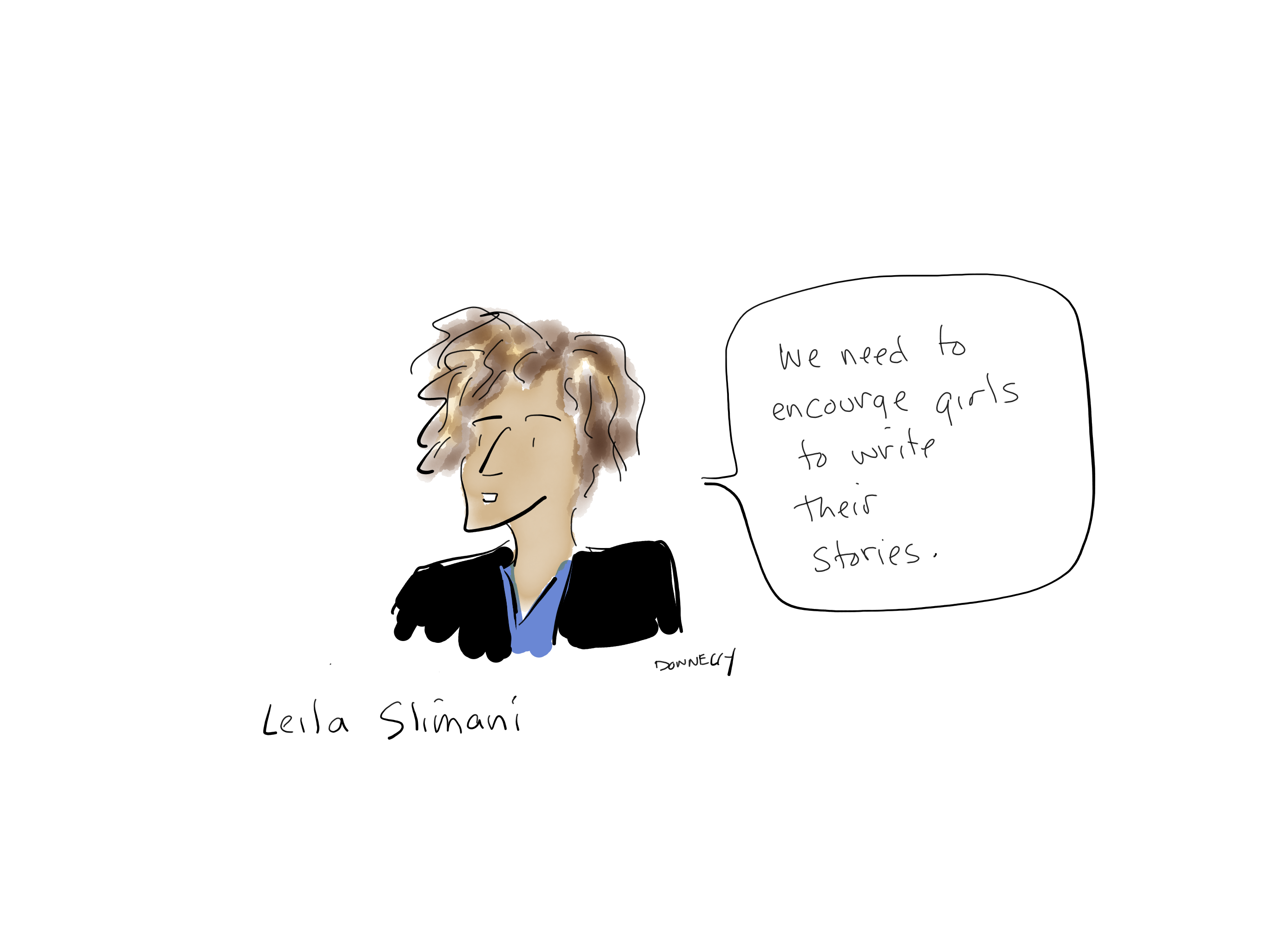 Drawing of the PEN America Emergency World Voices Congress of Writers, with Leïla Slimani saying: "We need to encourage girls to write their stories"