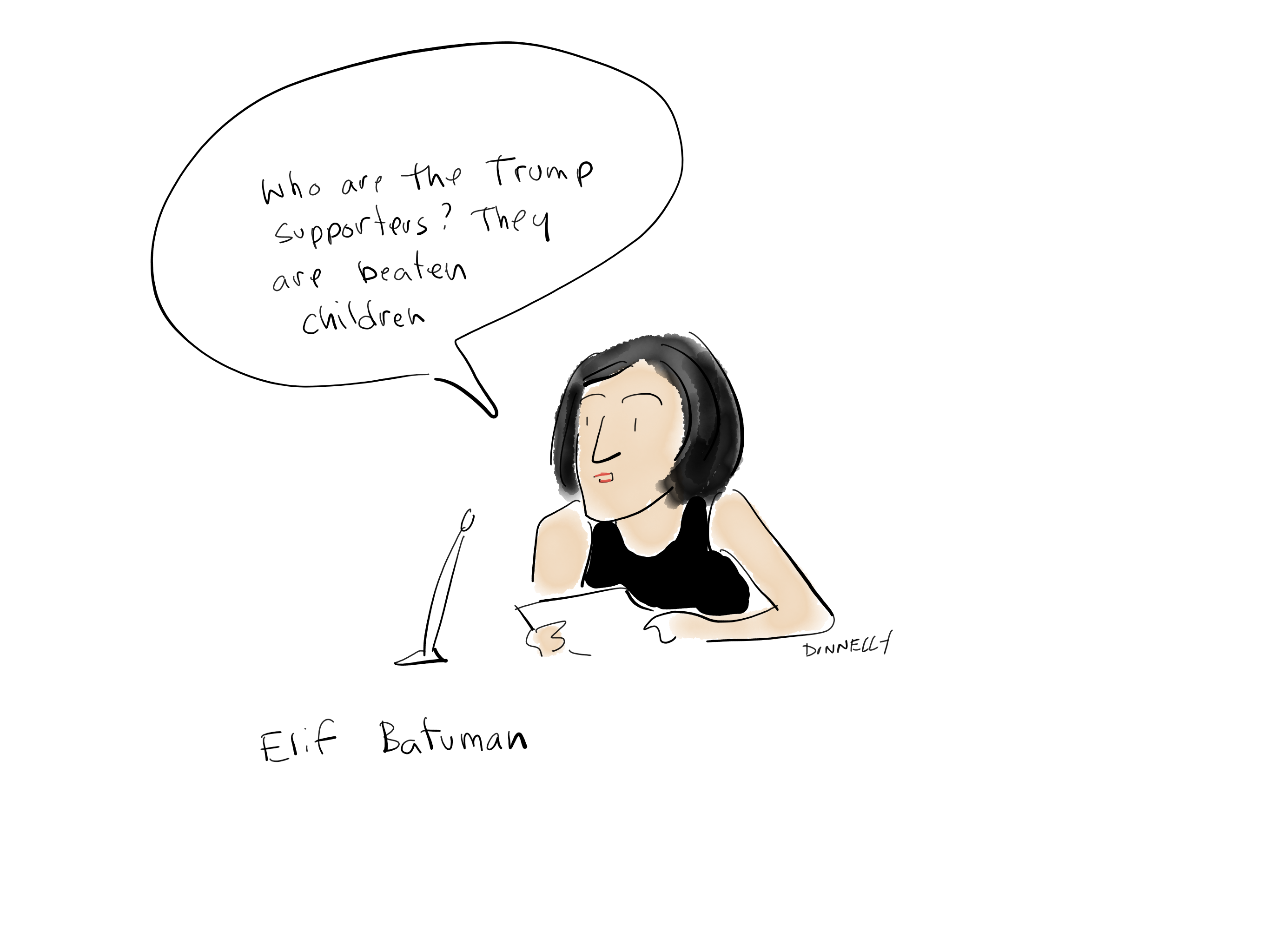 Drawing of the PEN America Emergency World Voices Congress of Writers, with Elif Batuman saying "who are the Trump supporters? They are beaten children"