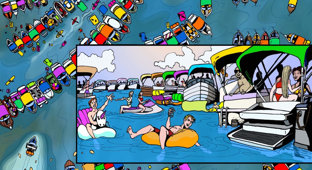 Illustration from the Unmasked comic, showing people in boats and floats during the summer in Lake Iowa