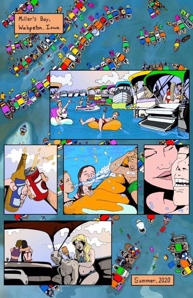 Illustration from the Unmasked comic, showing people in boats and floats, having drinks and putting sunblock on during the summer 2020 in Miller's Bay, Wahpeton, Iowa