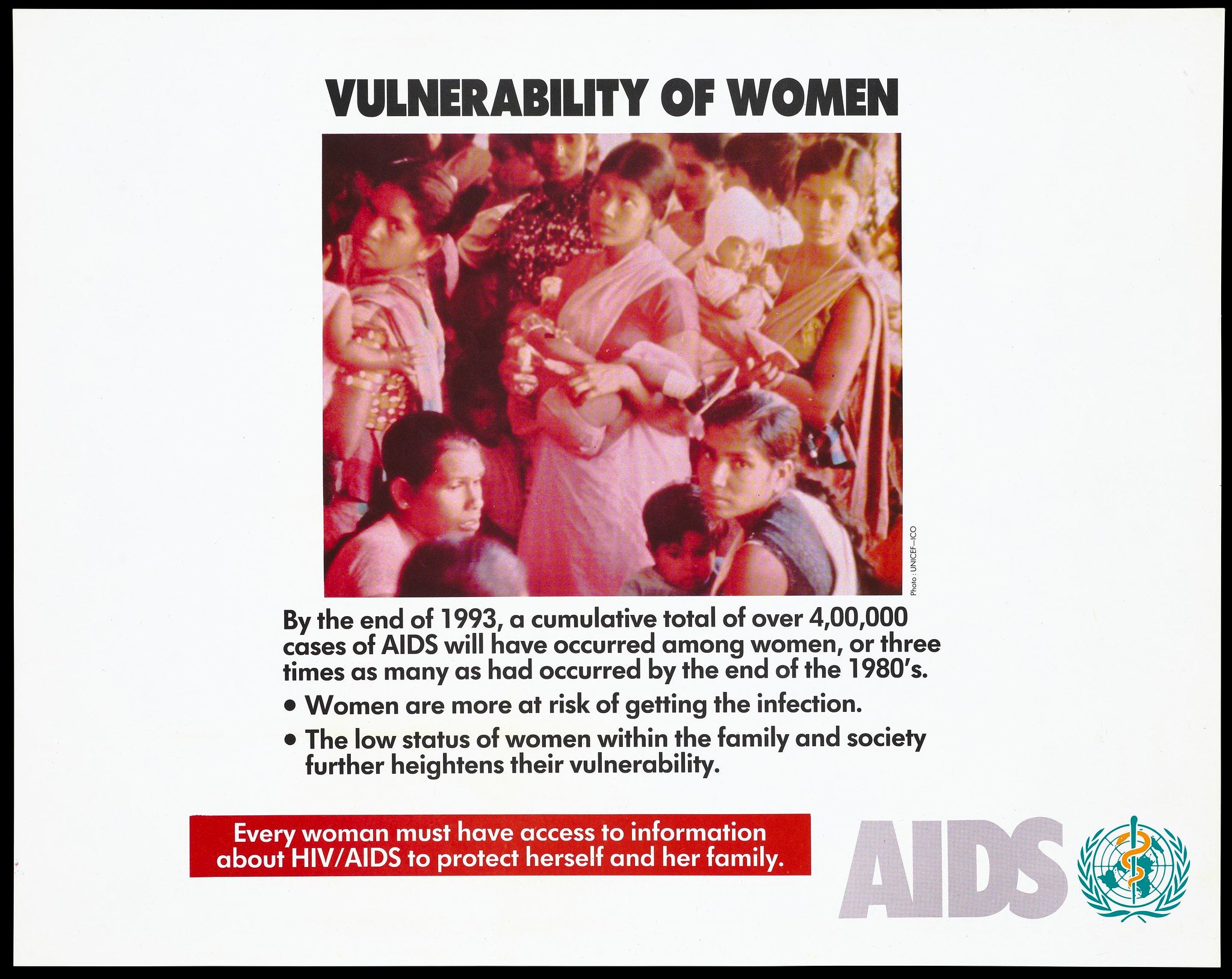 Informative poster for HIV/AIDS, with a crowd of Indian women holding babies