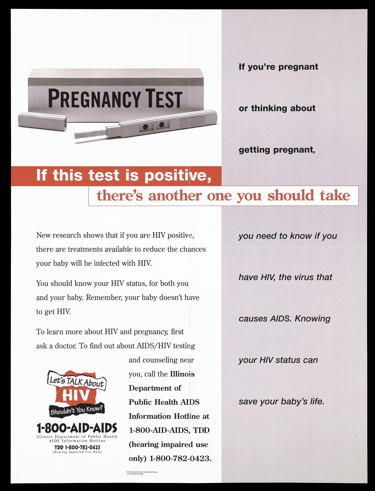 Informative poster for HIV/AIDS directed for pregnant women, showing pregnancy test