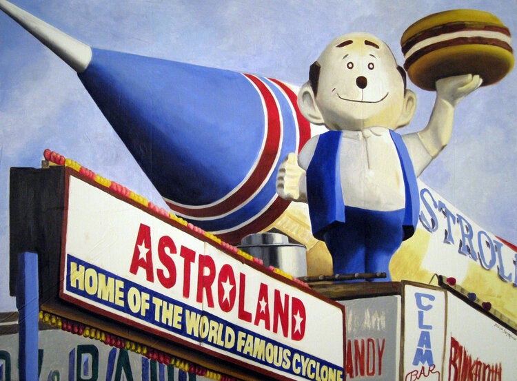 Circus setting from the outside. There's a gigantic human figure holding a hamburger (likely advertising food). Behind it, there is a rocket, and underneath a sign says: "Astroland. Home of the World Famous Cyclone"