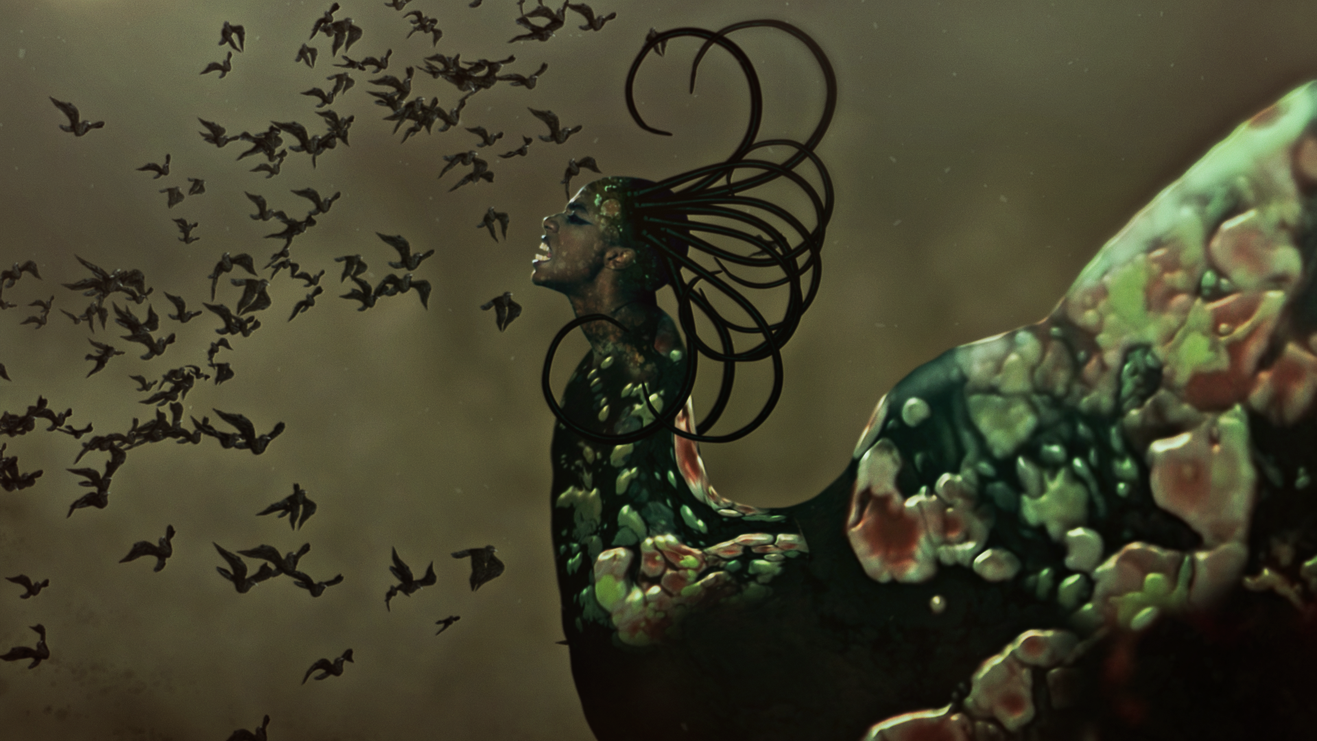 Surrealistic image of a figure with the head of a black person with long curved wires as hair and a heavy, elongated and limbless body, of dark green tones and with white and red spots. The figure is facing left and from that direction, there is a flock of birds flying in their direction