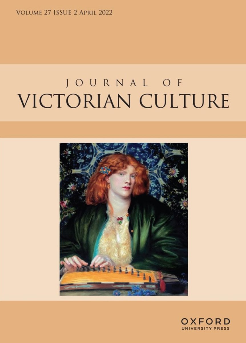 Cover of the Journal of Victorian Literature and Culture, volume 27, issue 2, showing painting of red-headed woman playing a string instrument. She wears elegant green dress and the background is a blue wallpaper with flowers
