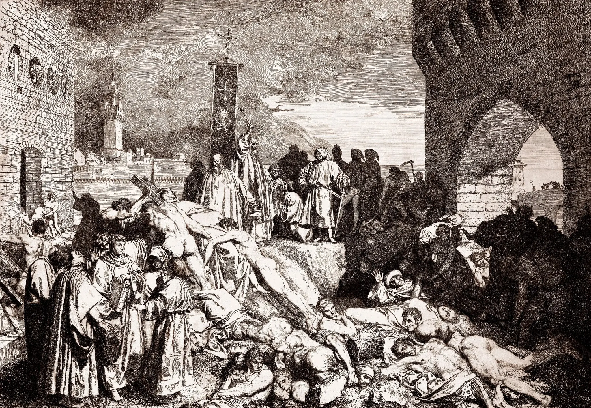 Catastrophic scene of the effects of the plague in Europe. Naked corpses laying on the streets next to paying priests.