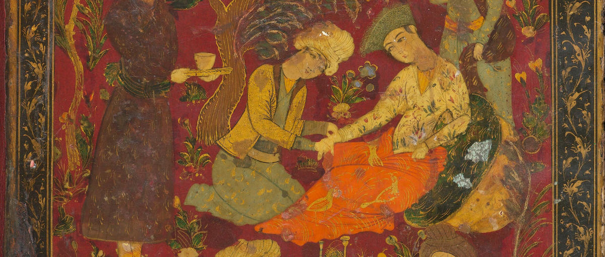Doctor taking woman's pulse. Red background with people in colorful clothing and flowers adorning the image. Back cover binding board of manuscript of Avicenna's Canon of Medicine.
