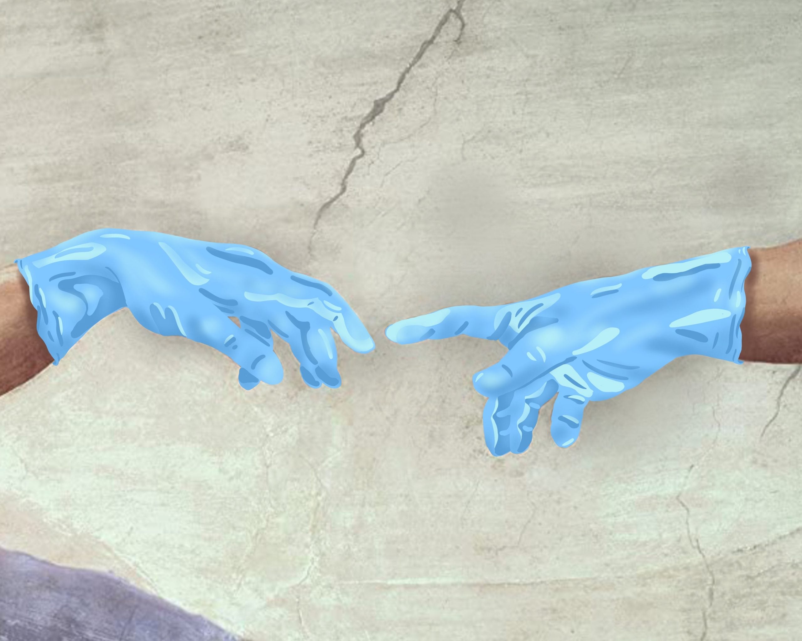 Illustration based on The Creation of Man, showing two hands wearing surgical gloves almost touching