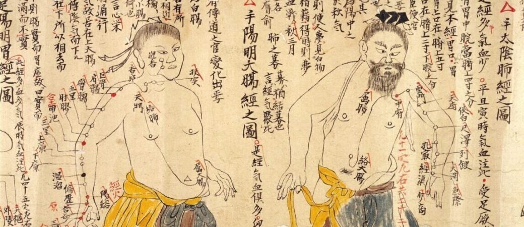 Illustration of two men, identifying some acupuncture points on their bodies, with numerous annotations in Chinese