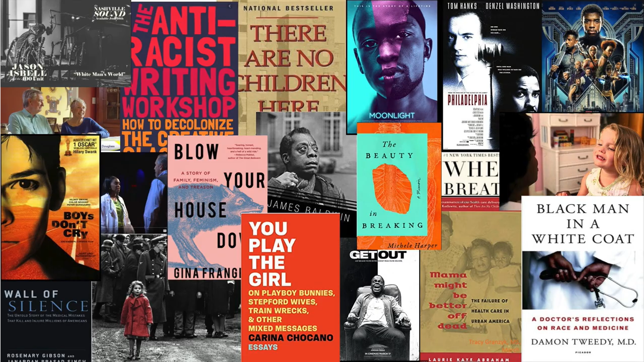Collage showing book covers, movie posters, film stills and photographs of different artists. Some the works of art included in the collage are author James Baldwin, the films Boys Don't Cry, Get Out, Moonlight, Black Panther, Schindler's List, and Philadephia, and the books Black Man in a White Coat, Blow Your House Down, You Play the Girl and There Are No Children Here