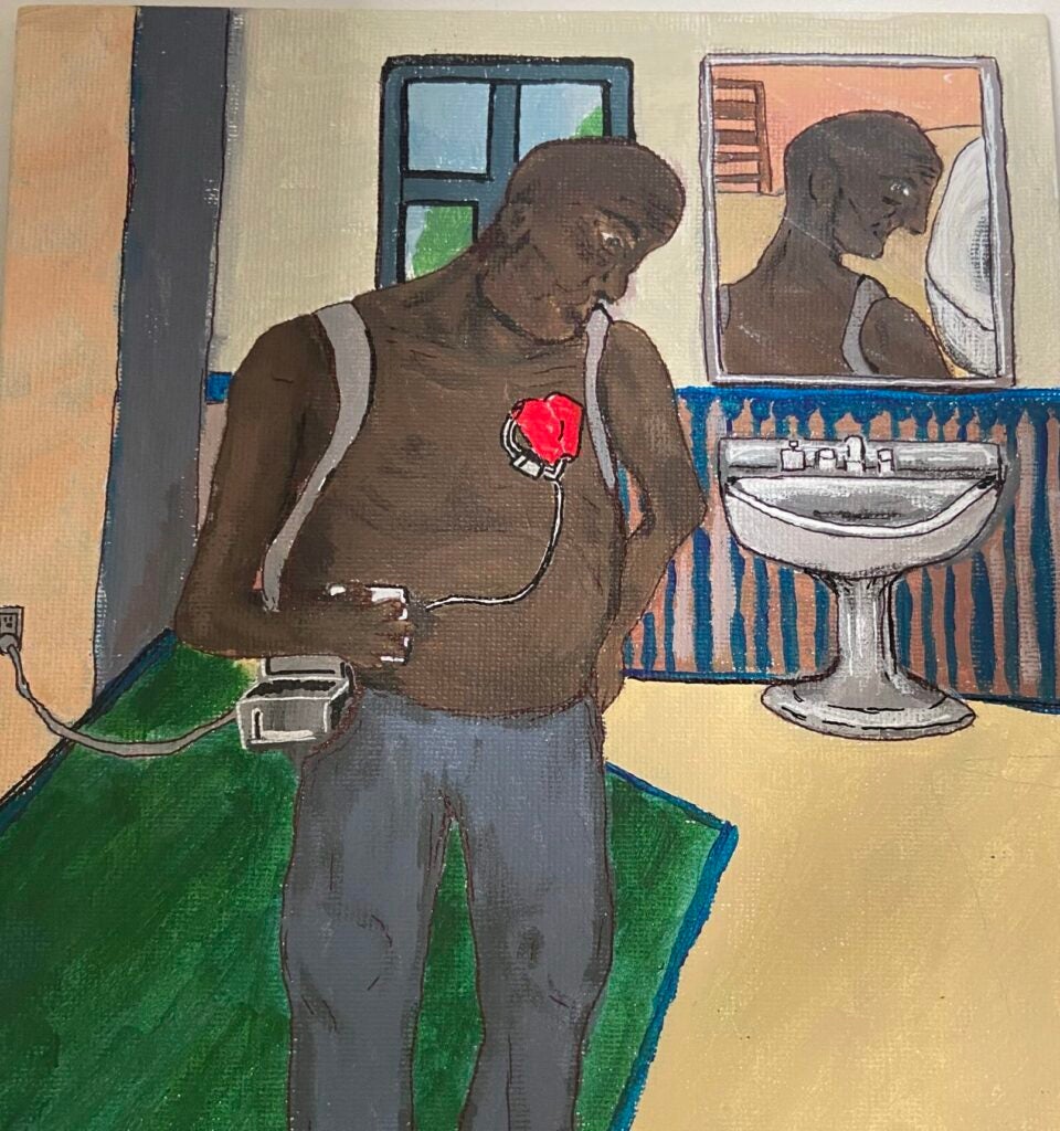Painting of a man standing in what appears to be a bathroom. Behind him, there is a mirror, showing half his face, and a sink. The man is shirtless, and his heart is visible on top of his skin, as it is connected to a life saving device, connected, likewise, to the wall.