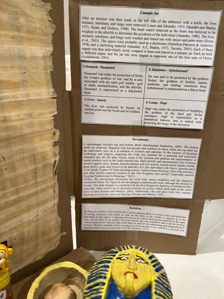 Hand-made clay sarcophagus displaying the final wrapped version of the mummy (the lid is closed). On top of that, there is some illegible text with a description of the research project
