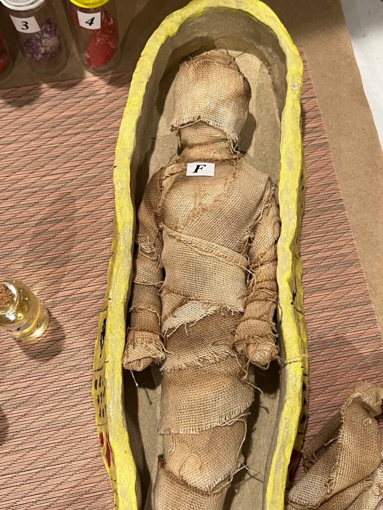 Hand-made clay sarcophagus displaying the final wrapped version of the mummy (the lid is open)