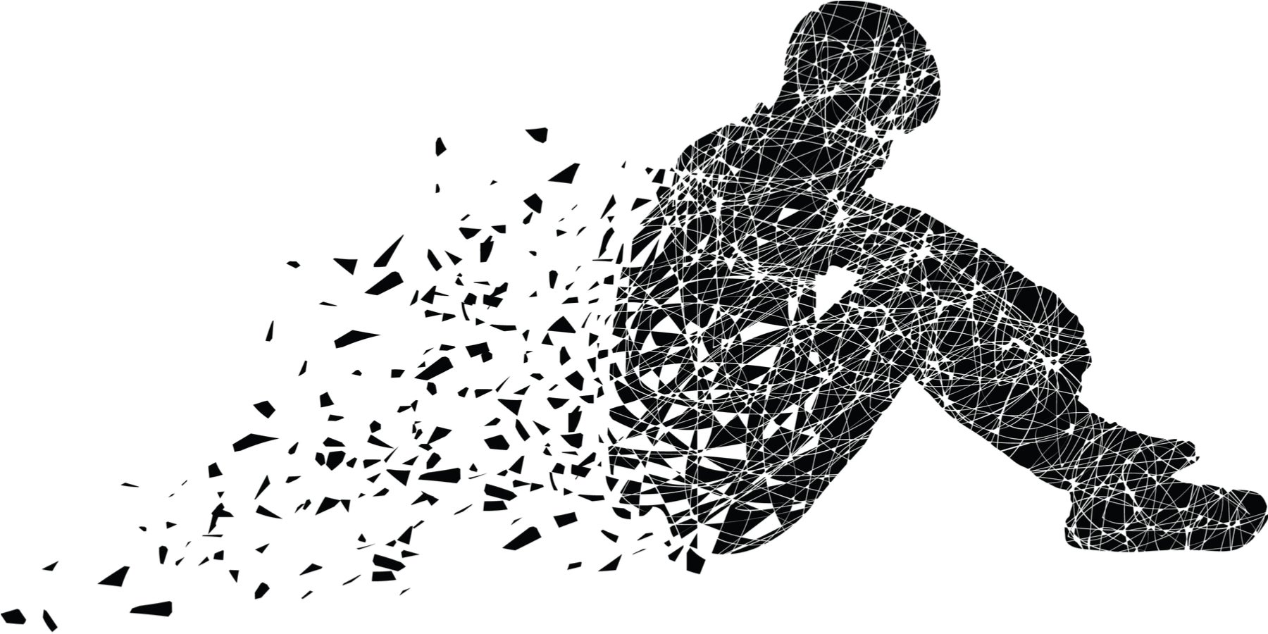 Human silhouette sitting on the floor, with their arms over their knees. The body of this silhouette seems fragmented, and some of the pieces are separating from them