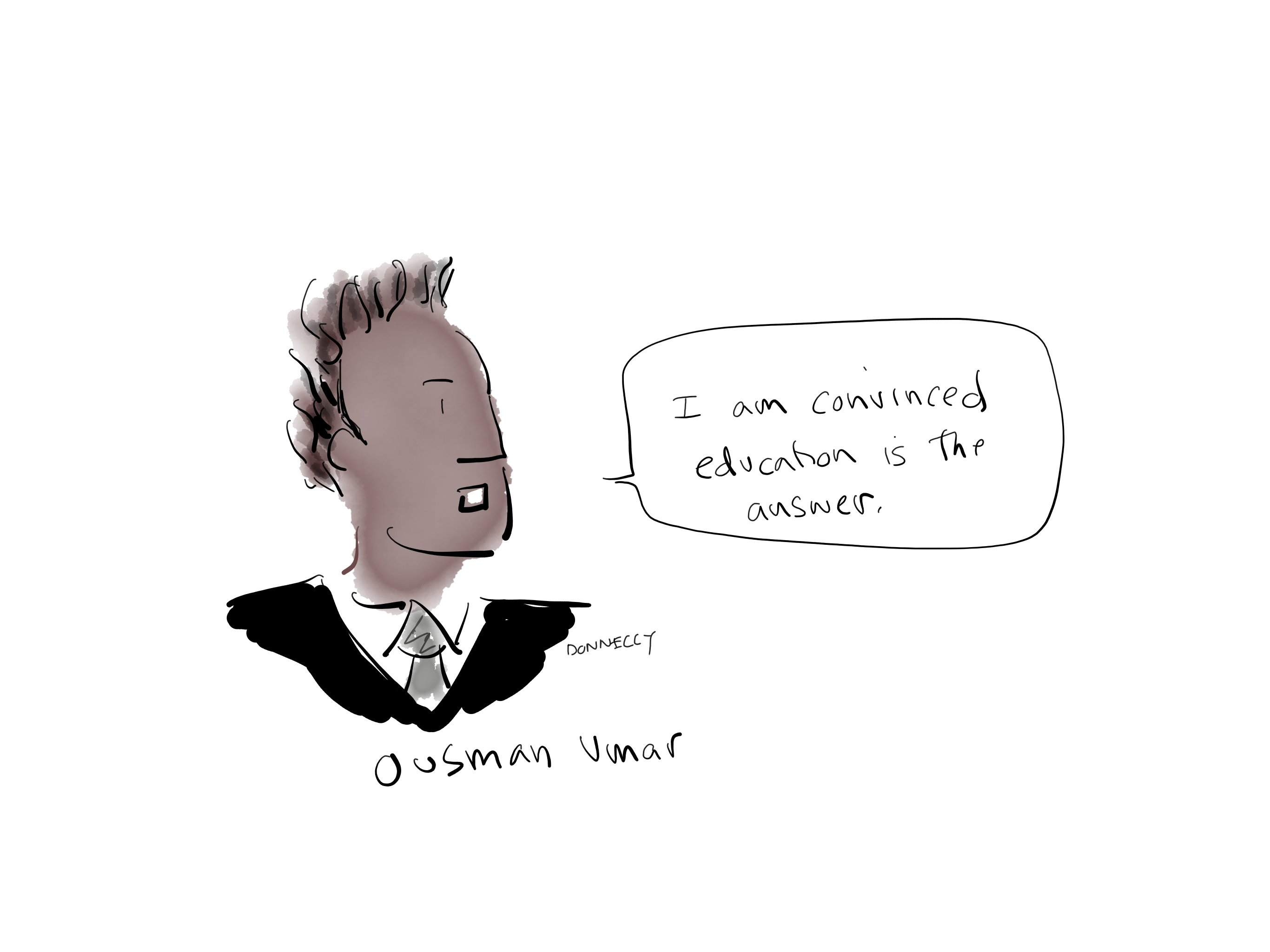 Drawing of the PEN America Emergency World Voices Congress of Writers, with Ousman Umar saying "I am convinced education is the answer"