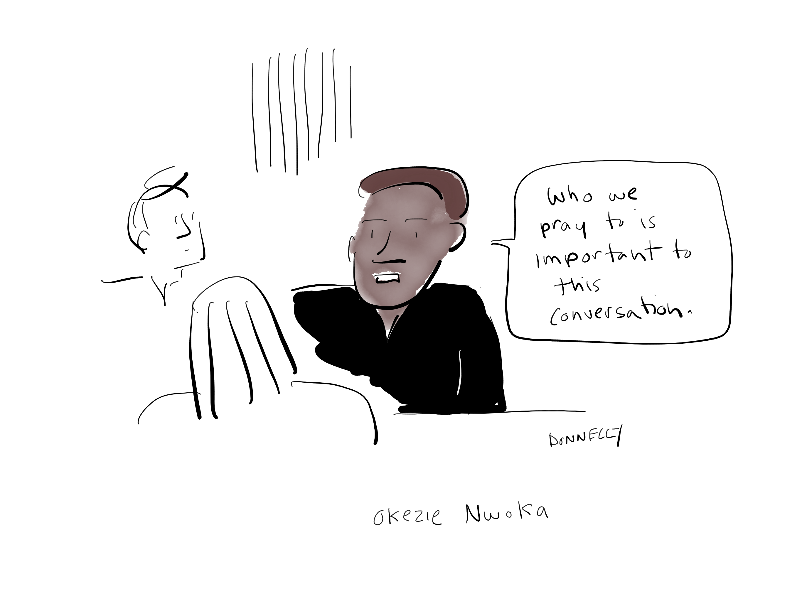 Drawing of the PEN America Emergency World Voices Congress of Writers, with Okezie Nwoka saying: "Who we pray to is important to this conversation"