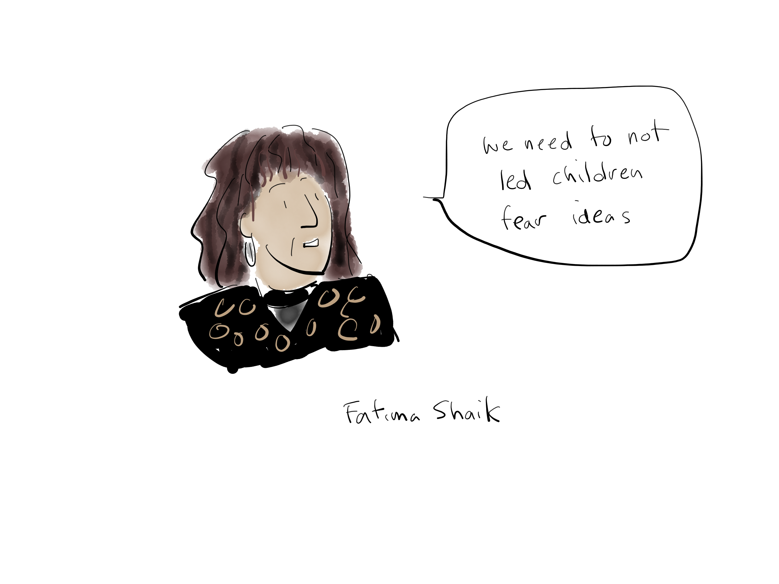 Drawing of the PEN America Emergency World Voices Congress of Writers, with Fatima Shaik saying: "We need to not led children fear ideas"