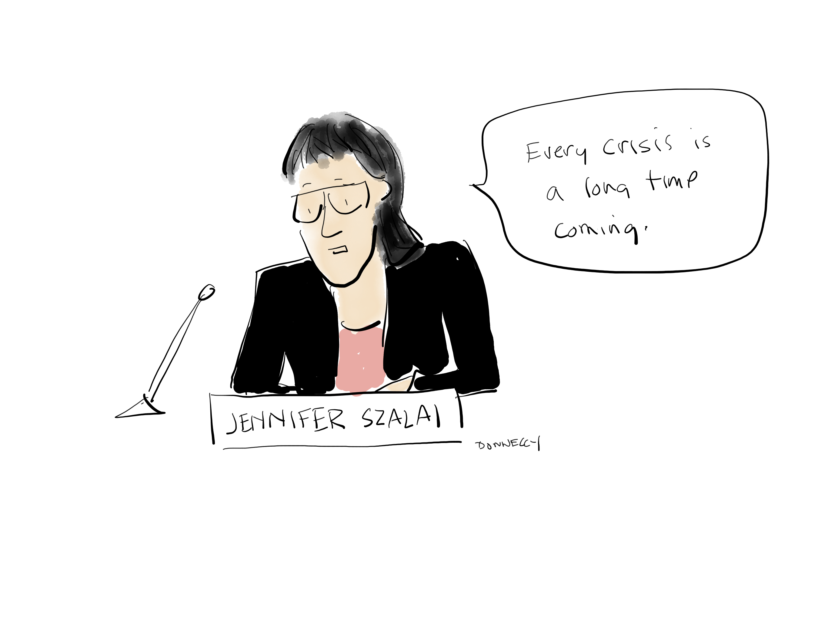 Drawing of the PEN America Emergency World Voices Congress of Writers, with Jennifer Szalai saying: "Every crisis is a long time coming"