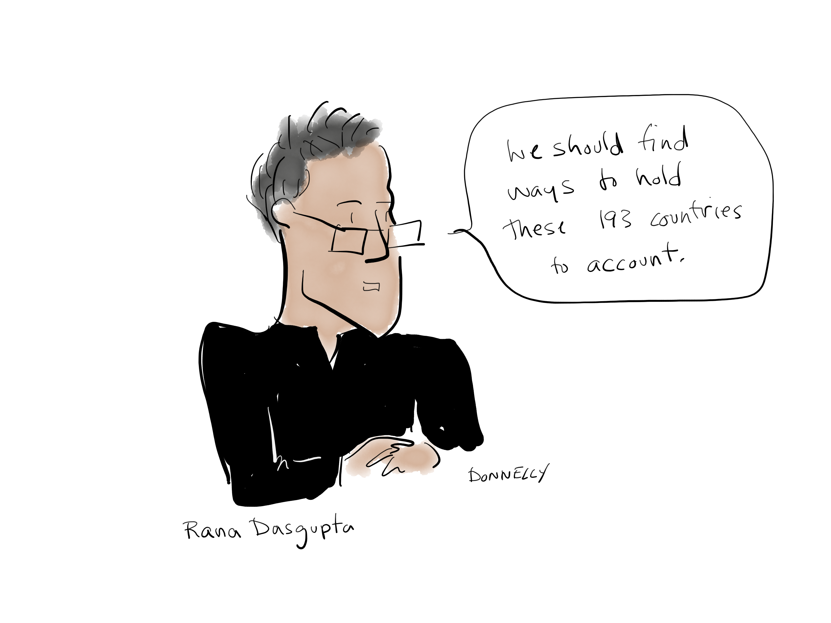 Drawing of the PEN America Emergency World Voices Congress of Writers, with Rana Dasgupta saying: "We should find ways to hold these 193 countries to account"