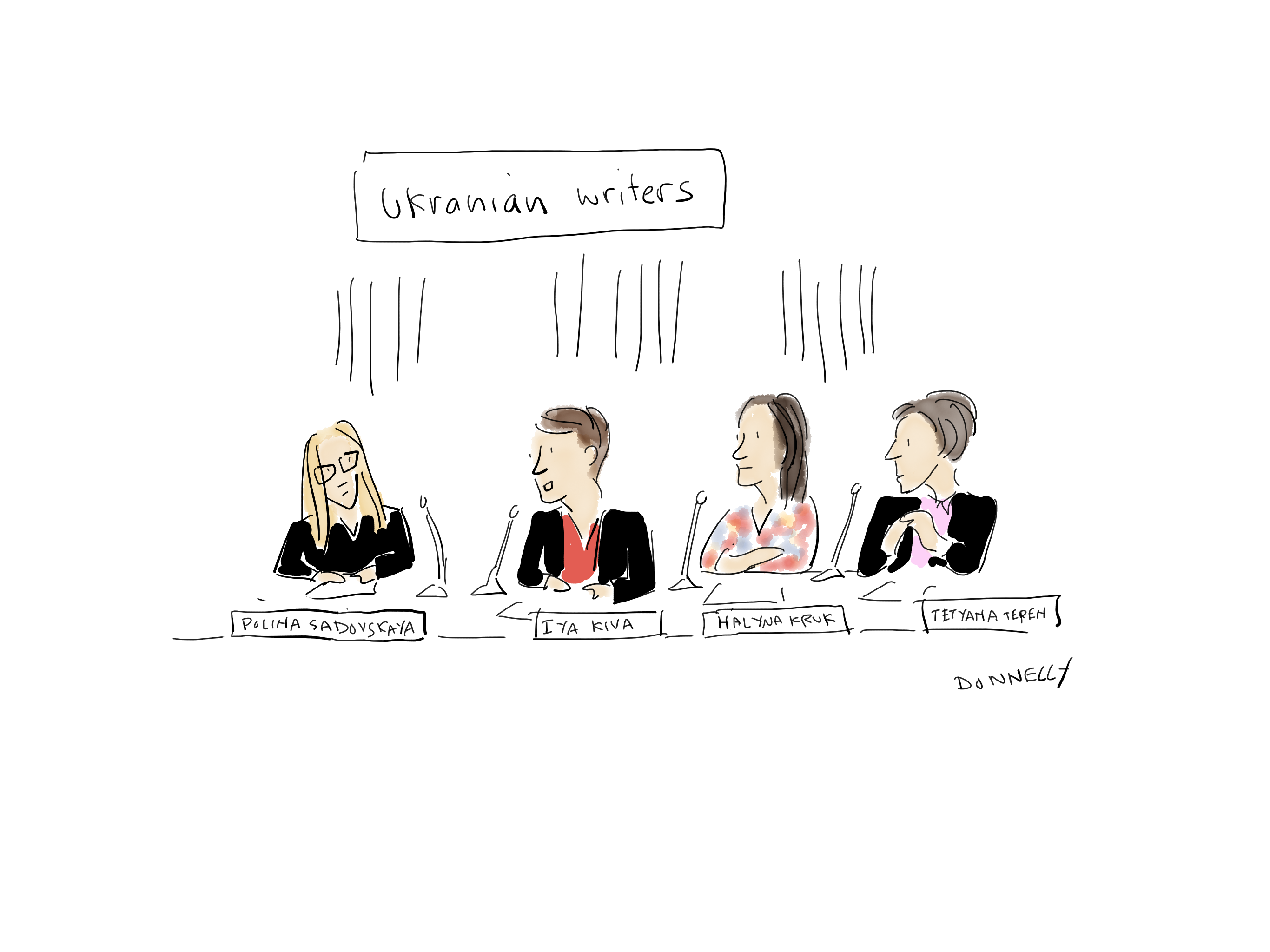 Drawing of the PEN America Emergency World Voices Congress of Writers, with Ukranian writers Polina Sadovskaya, Iya Kiva, Halyna Kruk, and Tetyana Teren