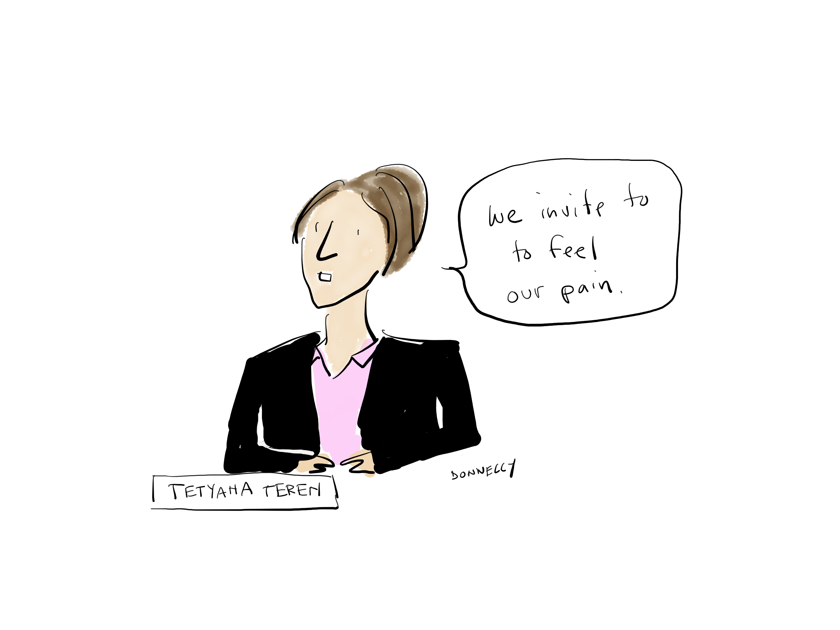 Drawing of the PEN America Emergency World Voices Congress of Writers, with Tetyana Teren saying: "We invite you to feel our pain"