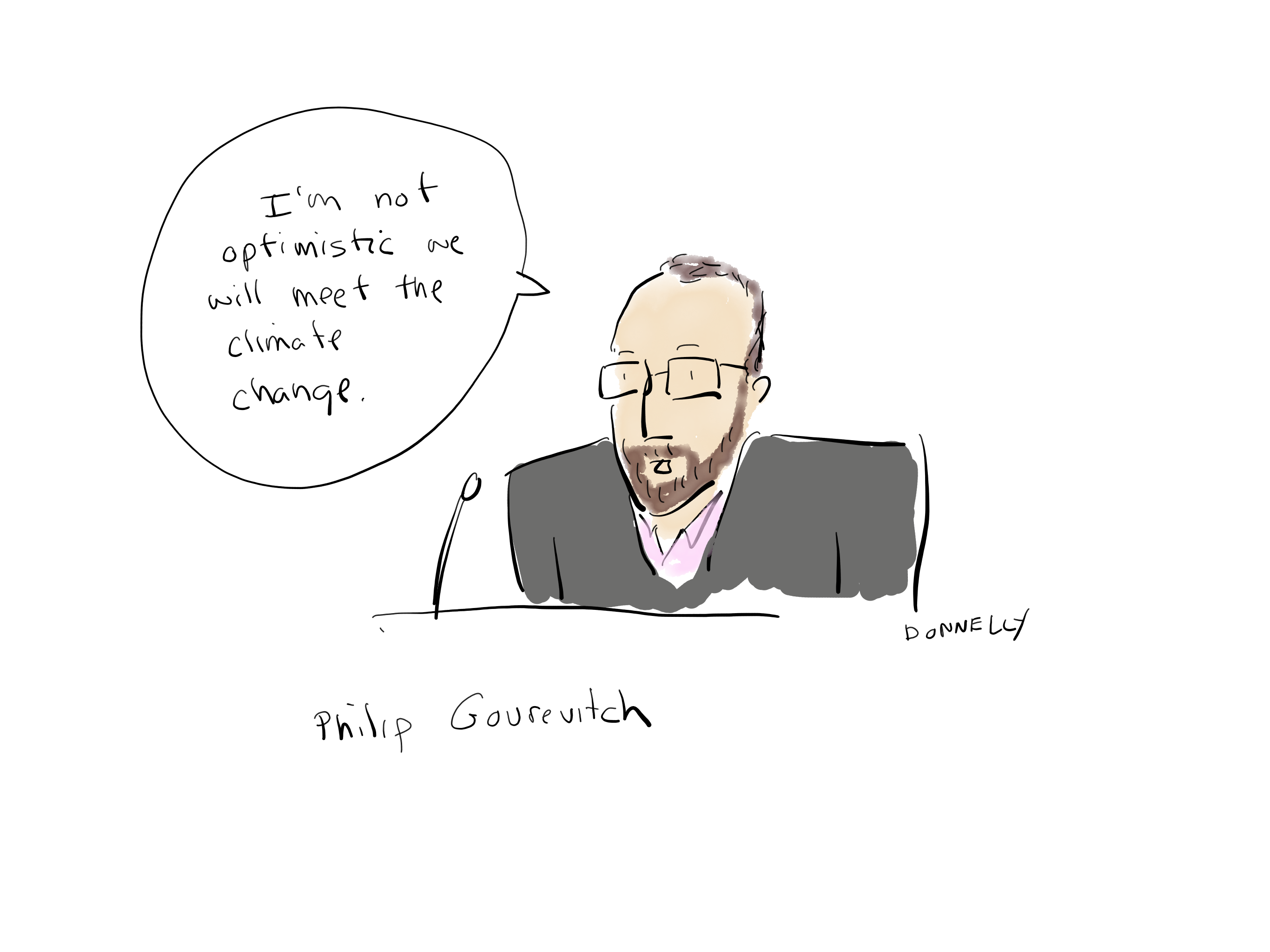 Drawing of the PEN America Emergency World Voices Congress of Writers, with Philip Gourevitch saying "I'm not optimistic we will meet the climate change"