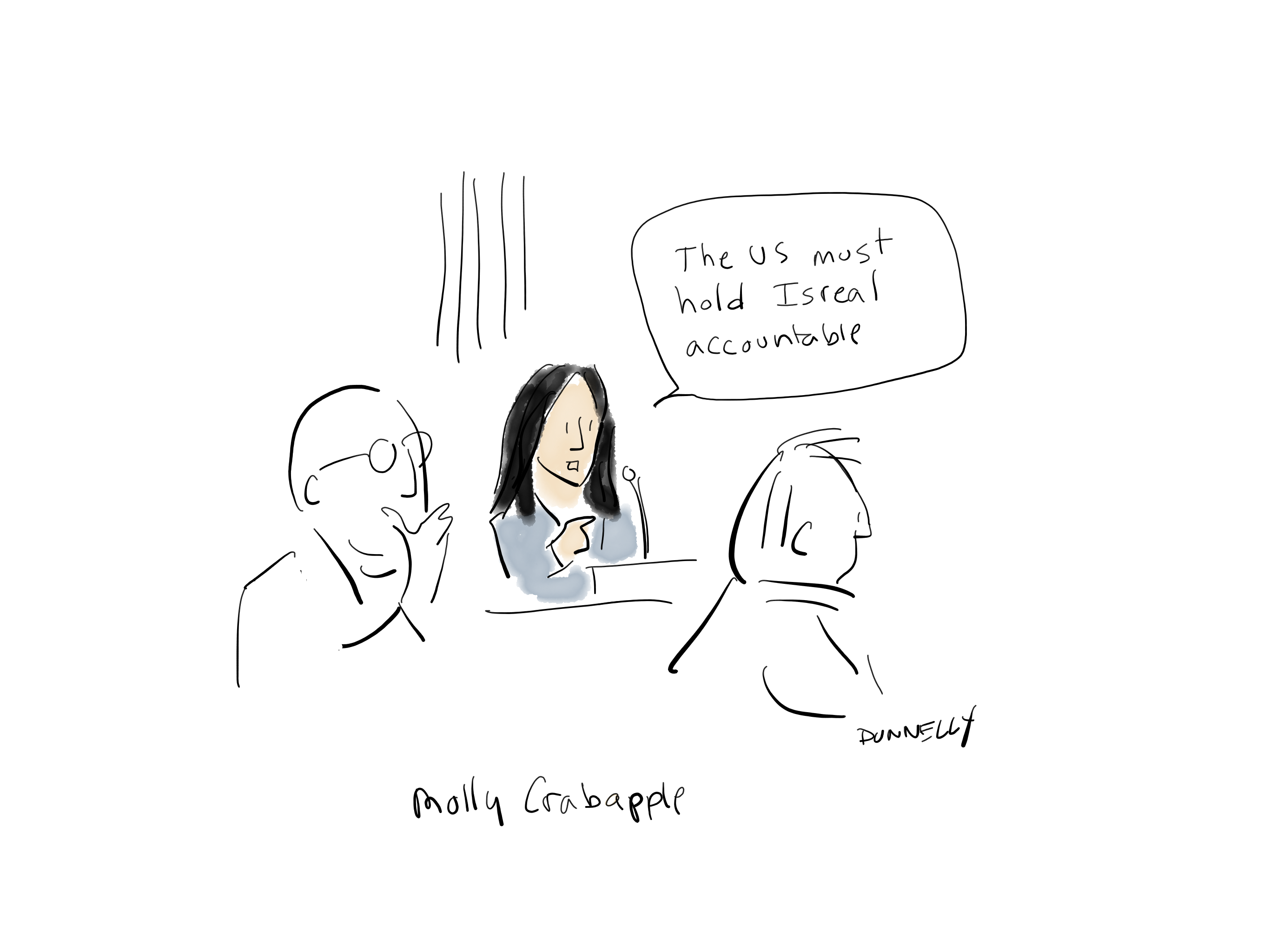 Drawing of the PEN America Emergency World Voices Congress of Writers, with Molly Crabapple saying "The US must hold Israel accountable"