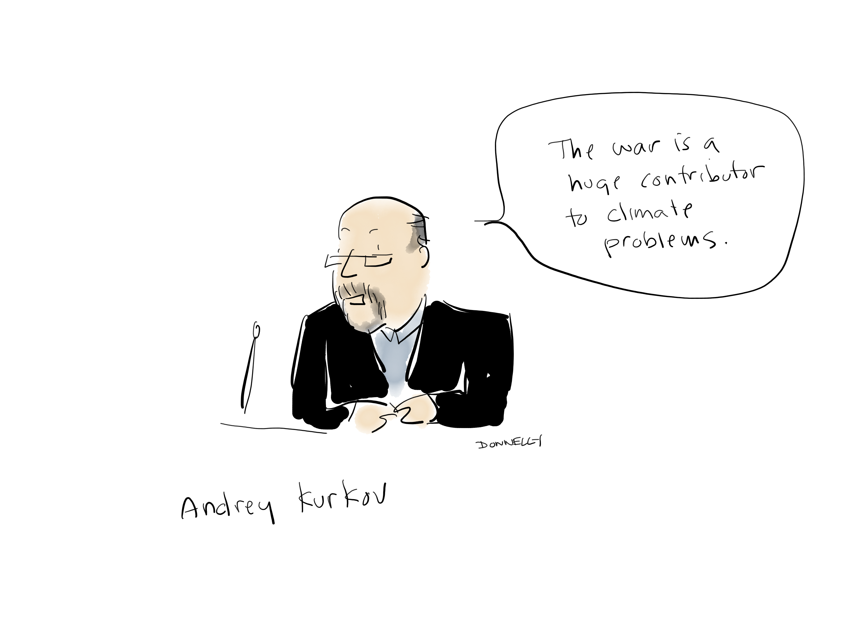 Drawing of the PEN America Emergency World Voices Congress of Writers, with Andrey Kurkov saying: "The war is a huge contributor to climate problems"