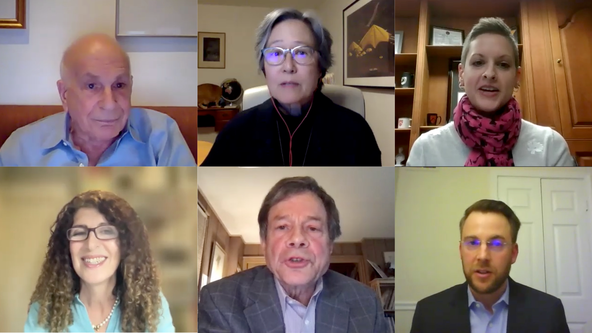 Panelists of the An Interdisciplinary Approach to Life's Big Questions event: Daniel Kahneman, Ruth Ozeki, Brianne Bilsky, Oleg Svet, Alan Lightman, and Nicoletta Pireddu